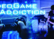 videogame addiction header with controller and teen playing games in the dark