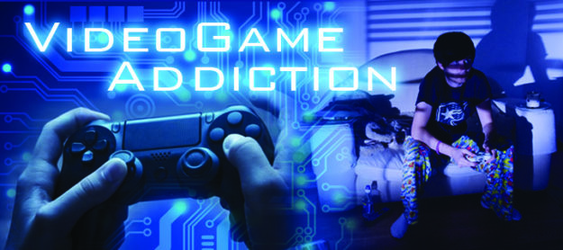 videogame addiction header with controller and teen playing games in the dark