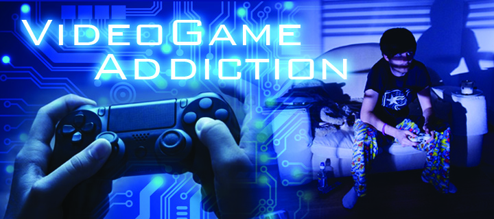 videogame addiction header with controller and teen playing games in the dark