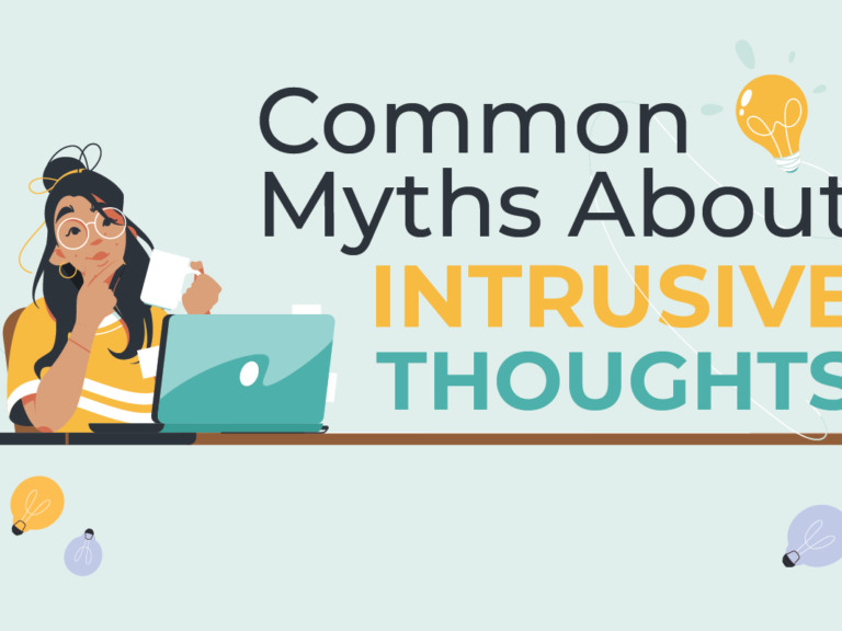 image of person on laptop with text saying common myths about intrusive thoughts