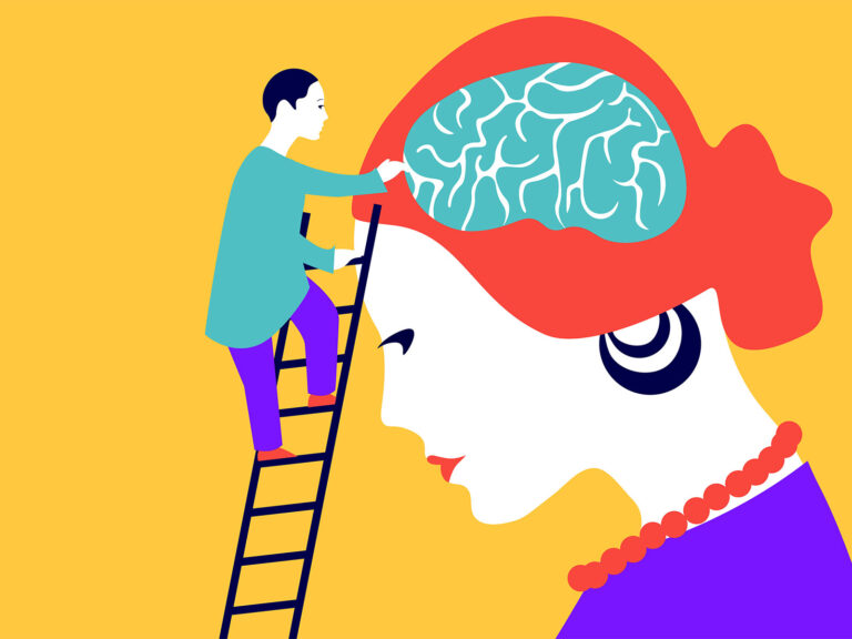 image of a person climbing a ladder to look at someone's brain in a residential mental health facility