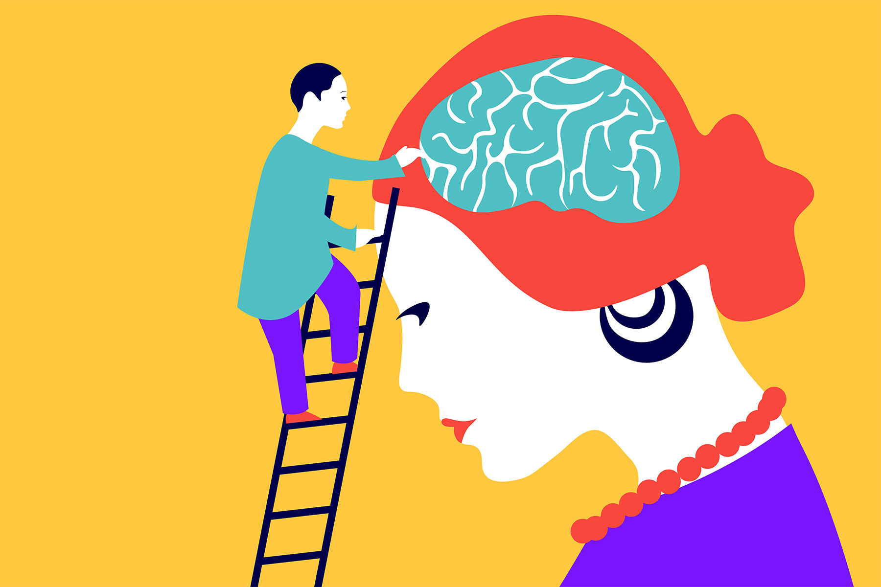 image of a person climbing a ladder to look at someone's brain in a residential mental health facility