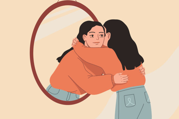 cartoon image of person hugging themselves and reminding themselves that they are more than enough