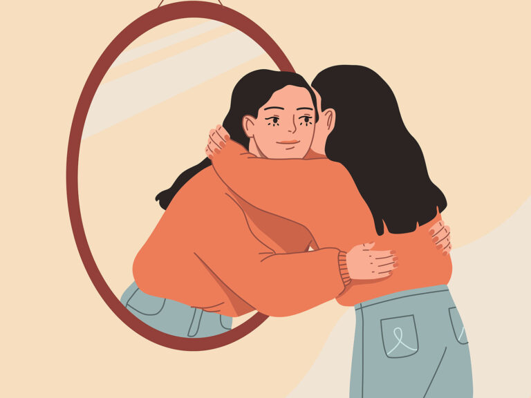 cartoon image of person hugging themselves and reminding themselves that they are more than enough