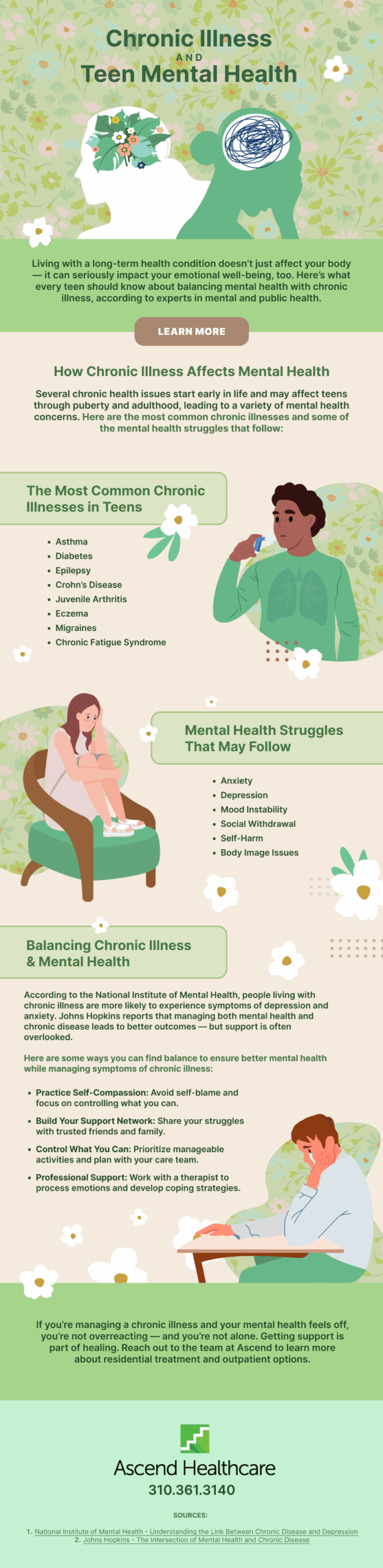 Chronic Illness & Teen Mental Health
Living with a long-term health condition doesn’t just affect your body — it can seriously impact your emotional well-being, too. Here’s what every teen should know about balancing mental health with chronic illness, according to experts in mental and public health.
How Chronic Illness Affects Mental Health
Several chronic health issues start early in life and may affect teens through puberty and adulthood, leading to a variety of mental health concerns. Here are the most common chronic illnesses and some of the mental health struggles that follow:
The Most Common Chronic Illnesses in Teens
Asthma
Diabetes
Epilepsy
Crohn’s Disease
Juvenile Arthritis
Eczema
Migraines
Chronic Fatigue Syndrome
Mental Health Struggles That May Follow
Anxiety
Depression
Mood Instability
Social Withdrawal
Self-Harm
Body Image Issues
Balancing Chronic Illness & Mental Health
According to the National Institute of Mental Health, people living with chronic illness are more likely to experience symptoms of depression and anxiety. Johns Hopkins reports that managing both mental health and chronic disease leads to better outcomes — but support is often overlooked. Here are some ways you can find balance to ensure better mental health while managing symptoms of chronic illness:
Practice Self-Compassion: Avoid self-blame and focus on controlling what you can.
Build Your Support Network: Share your struggles with trusted friends and family.
Control What You Can: Prioritize manageable activities and plan with your care team.
Professional Support: Work with a therapist to process emotions and develop coping strategies.
If you’re managing a chronic illness and your mental health feels off, you’re not overreacting — and you’re not alone. Getting support is part of healing. Reach out to the team at Ascend to learn more about residential treatment and outpatient options.
[Phone Number
Email]
Sources:
National Institute of Mental Health - Understanding the Link Between Chronic Disease and Depression
Johns Hopkins - The Intersection of Mental Health and Chronic Disease