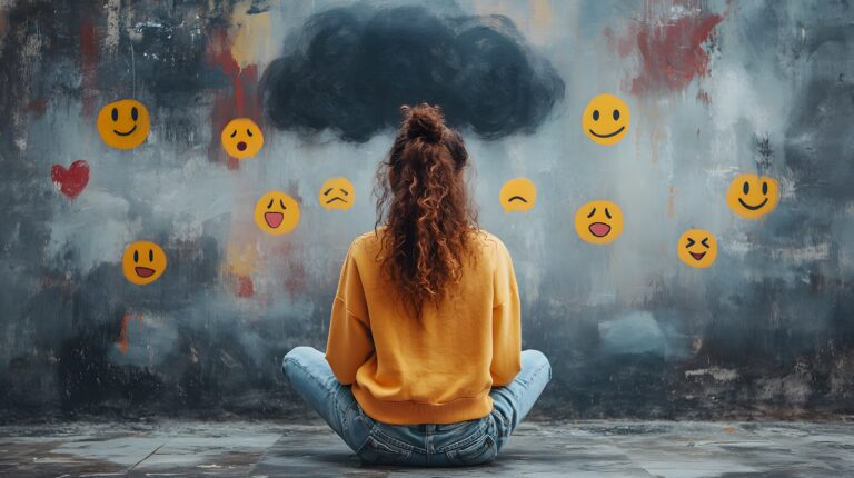 Teenage girl reflects on online emotions under dark cloud symbolism.
