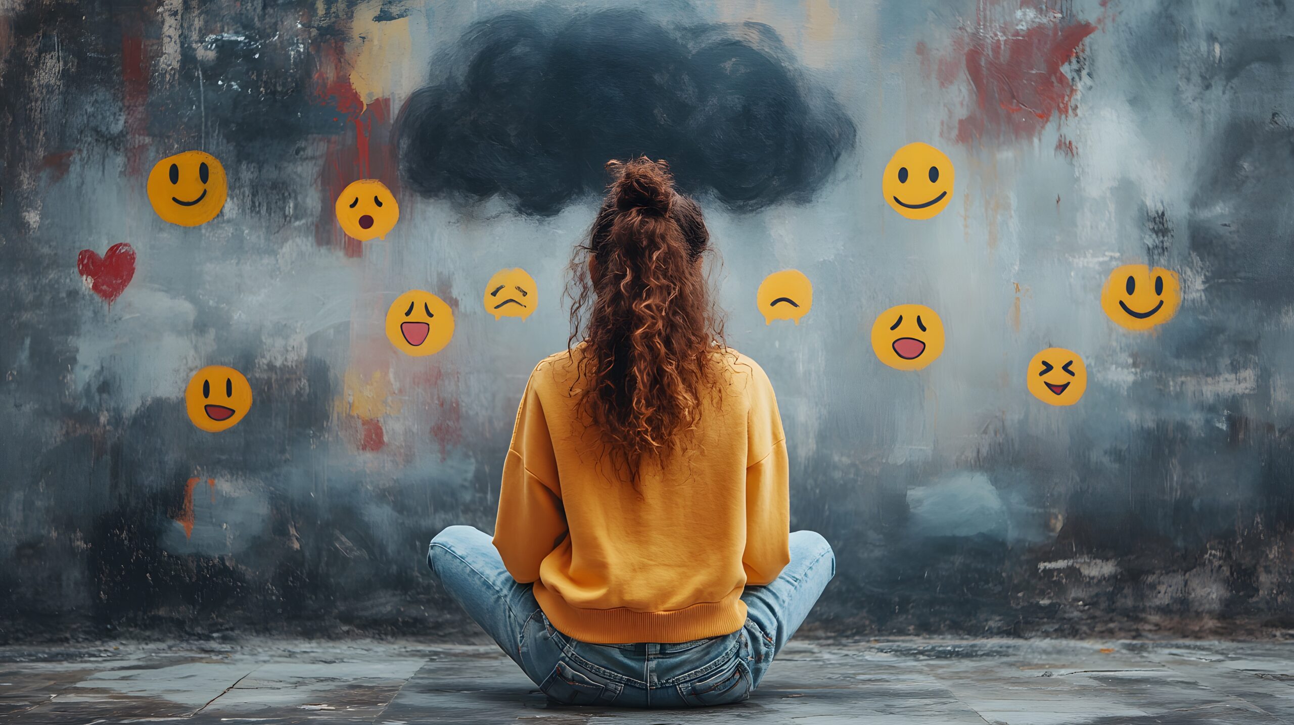 Teenage girl reflects on online emotions under dark cloud symbolism.