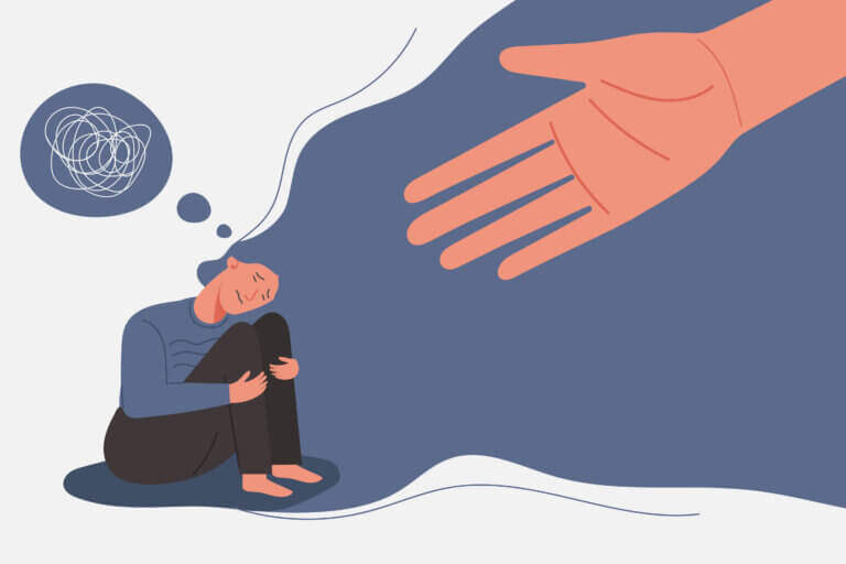 human helps sad and unhappy young woman in depression sitting on her knees, lonely girl with confused on her mind, sorrow, mental health concept, cartoon female character vector flat illustration