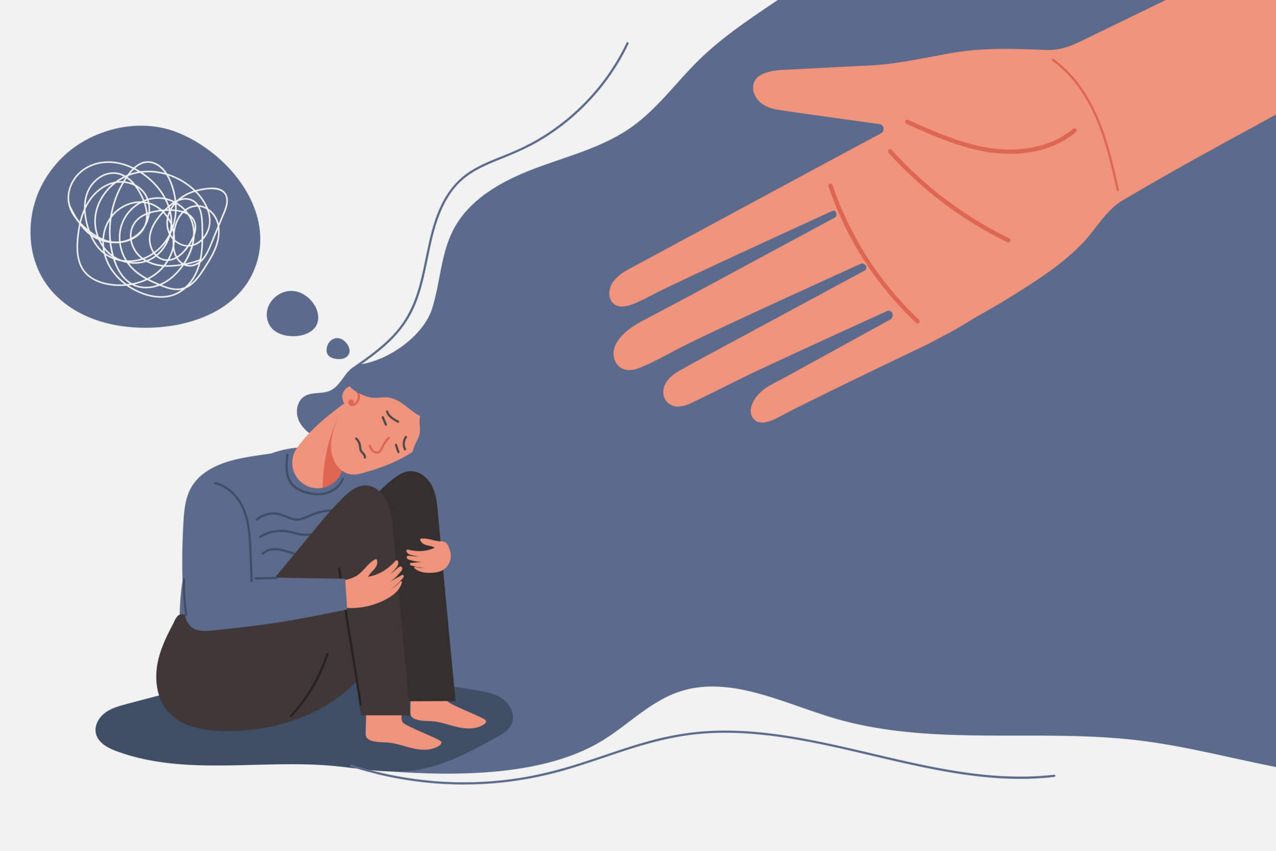 human helps sad and unhappy young woman in depression sitting on her knees, lonely girl with confused on her mind, sorrow, mental health concept, cartoon female character vector flat illustration