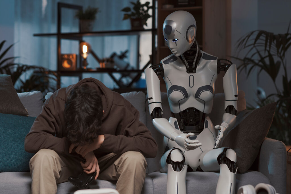 Sad boy losing a video game and AI robot