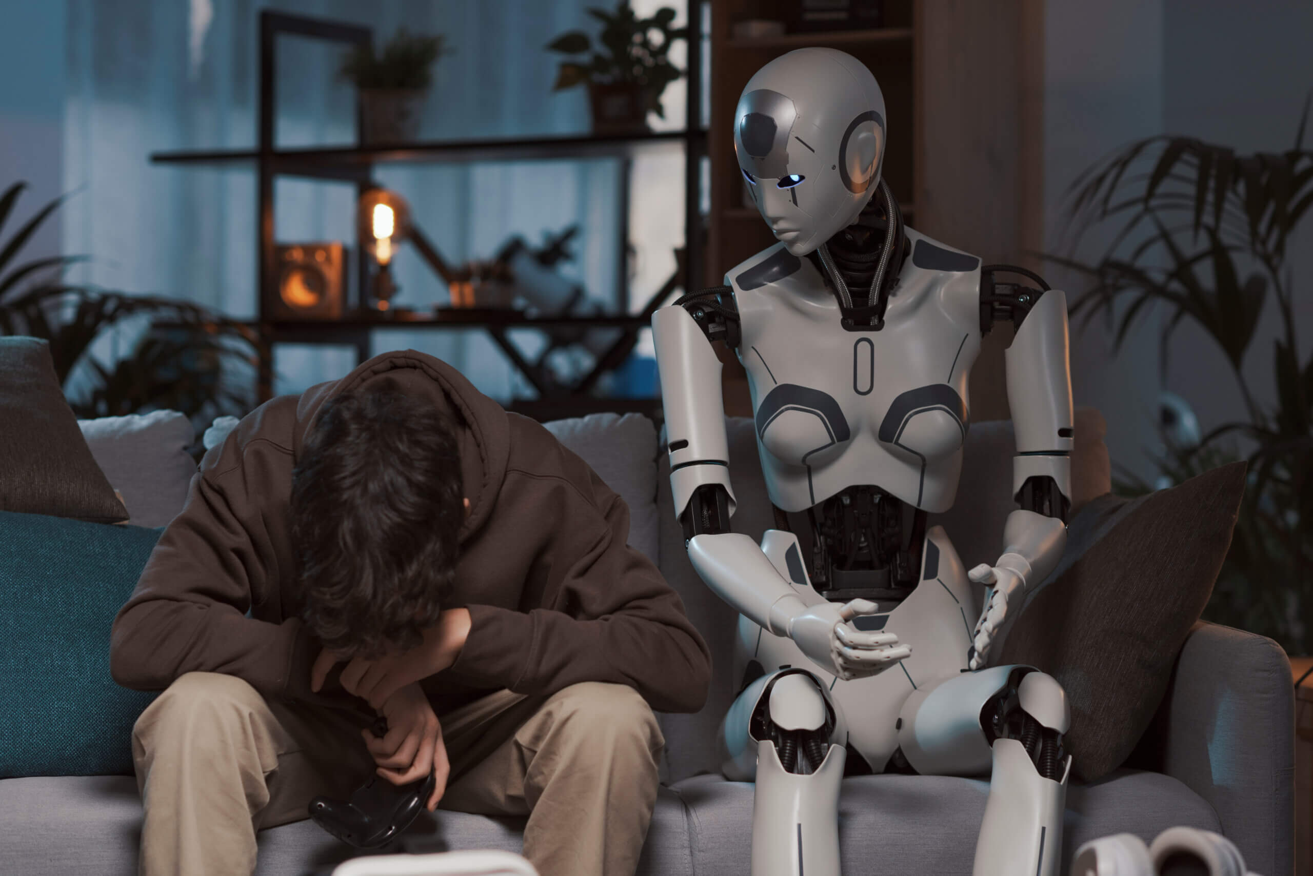 Sad boy losing a video game and AI robot